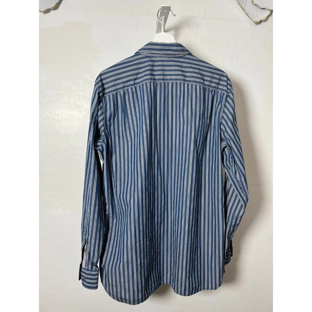 Banana Republic Pearl Snap Shirt Western Mens Size L Slim Fit Blue White Striped